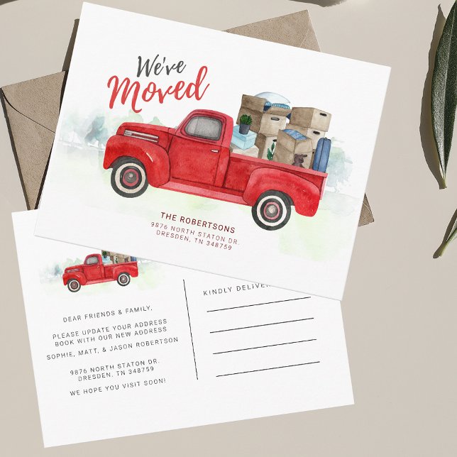 Vi har flyttat Red Lastbil Classic Flytta Annoceme Vykort (Moving Announcement Postcard Loaded Red Truck)