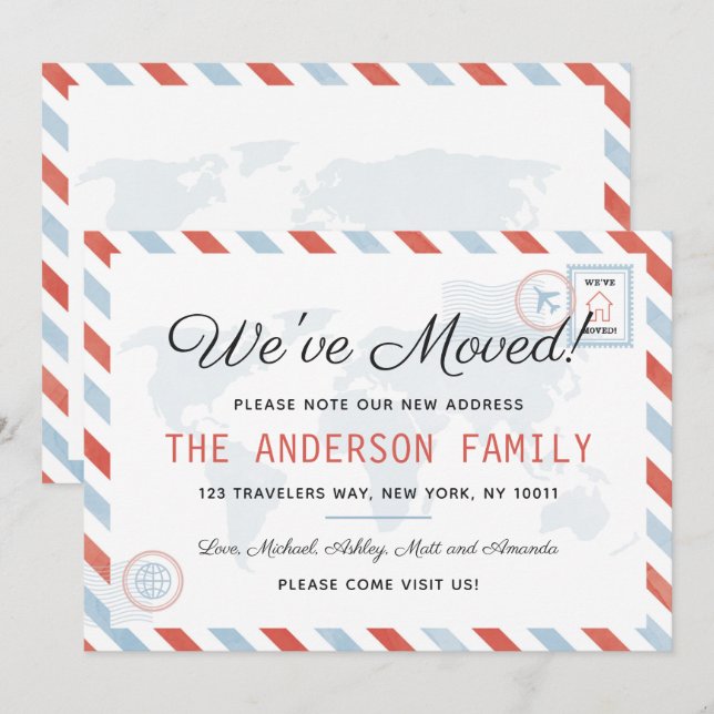 Vi har flyttat reser vykortinbjudankortet inbjudningar (Fram/baksida)