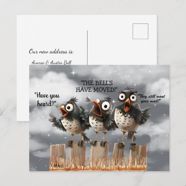 Vi Har Flyttat Roliga Fåglar på Staket Postkort Vykort (Fram/baksida)