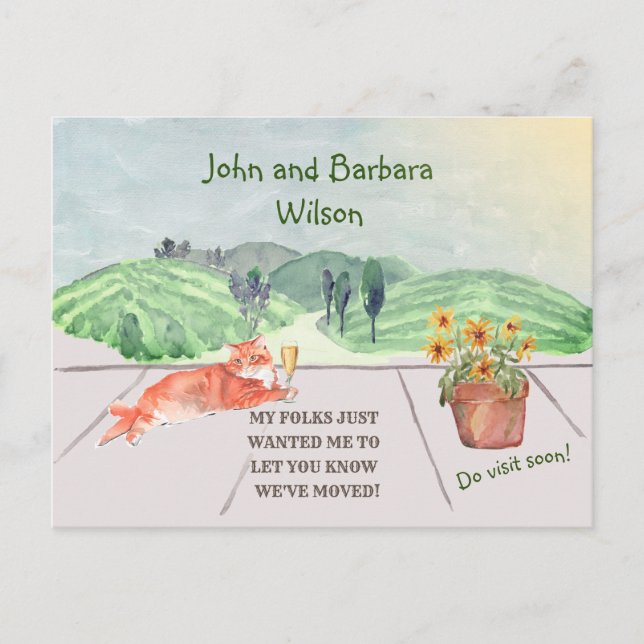 Vi har flyttat Roligt Family Cat Celebrates Move Meddelande Vykort (Framsida)