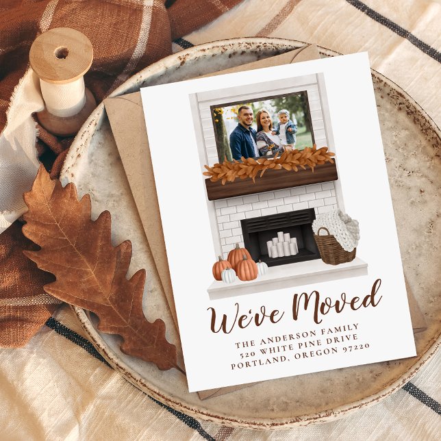 Vi har flyttat Rustic Fall Farmhouse Fireplace Fly Meddelande (Skapare uppladdad)