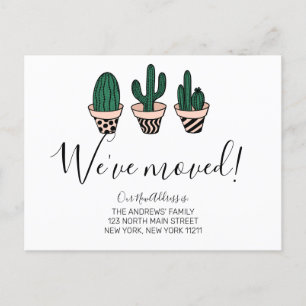 Vi har flyttat Simple Cute Grönt Rosa Cactus Flytt Meddelande Vykort