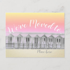 "Vi har flyttat" strandstuga vid havet vykort vid 