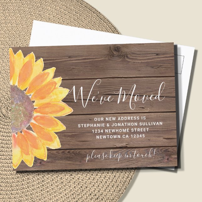  Vi har flyttat Sunflower-annonseringskort Meddelande Vykort (Skapare uppladdad)