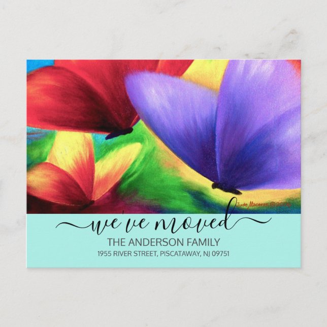 Vi Har Flyttat Teal Flyttmeddelande Fjäril Vykort (Framsida)