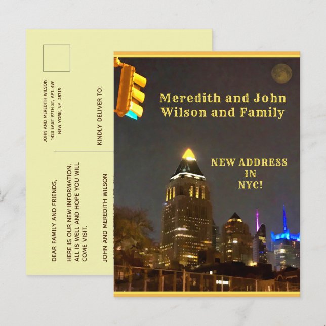 Vi har Flyttat till NYC Cityscape Budget Flytta Meddelande Vykort (Fram/baksida)
