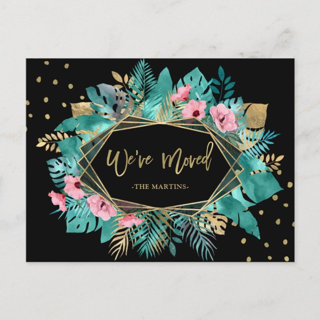 Vi har Flyttat | Tropical Guld Löv Flytta Vykort (Framsida)