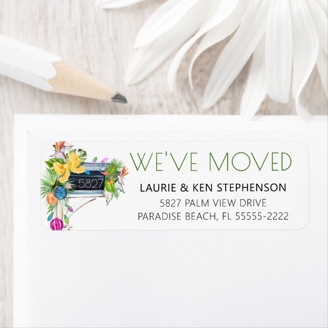 Vi har flyttat Tropisk jul Helgdag Adress Returadress Etikett (Insitu)