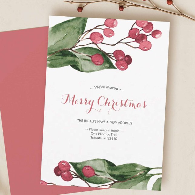 Vi har flyttat Vattenfärg Botanisk jul Julkort (Red and green watercolor berries moving announcement cards)