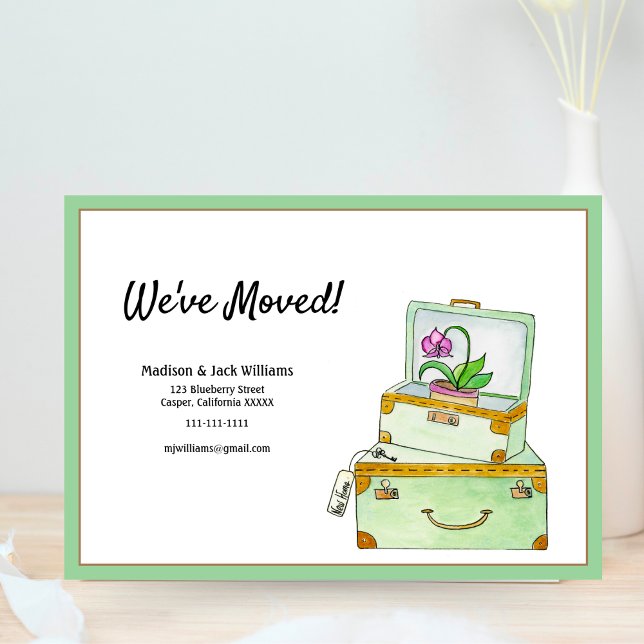 Vi har flyttat! Vattenfärgat resgods och orkidéanl Inbjudningar (Charming and whimsical way to share the big moving announcement. )