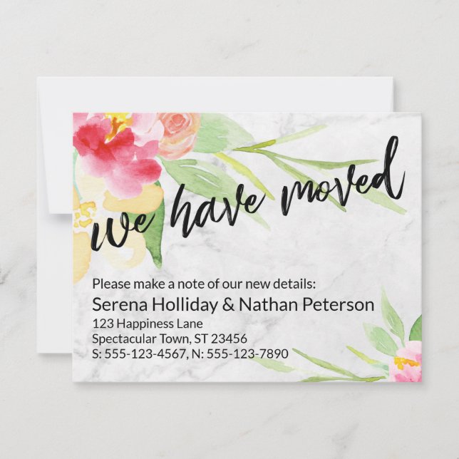 Vi har Flyttat vattenfärgsblommor på marmorkortet Anteckningskort (Framsida)