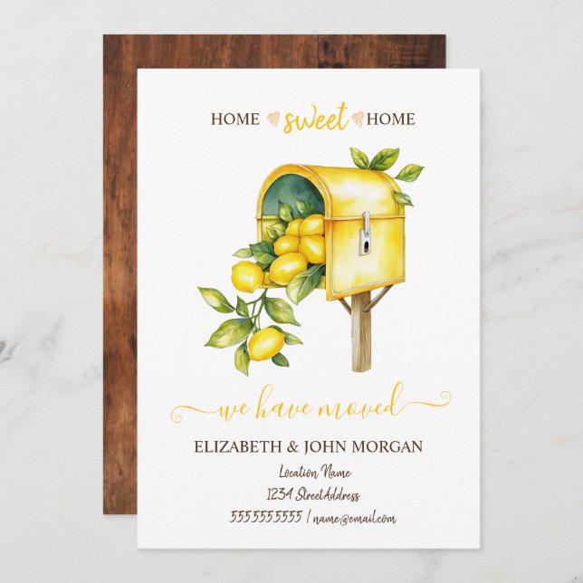 Vi har Flyttat, Vintage, postlådeleemoner, trä (Fram/baksida)