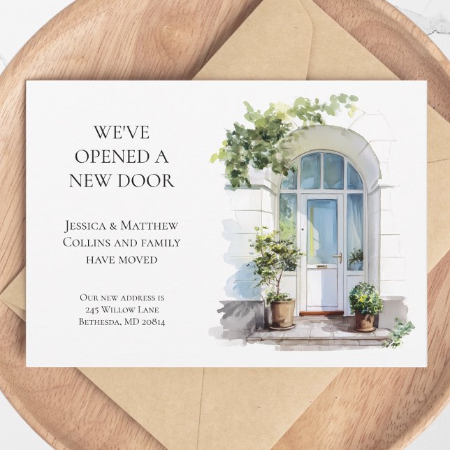 Vi Har Flyttat Vit Akvarell Dörr Nytt Hem Flytt Meddelande (We've Moved White Watercolor Door New Home Moving Announcement)