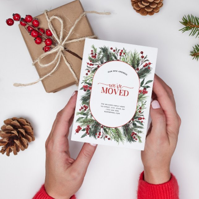 Vi har flyttat Warm Red Winter-meddelande vykort (Celebrate the new beginning with this festive 'We've Moved" postcard!
)
