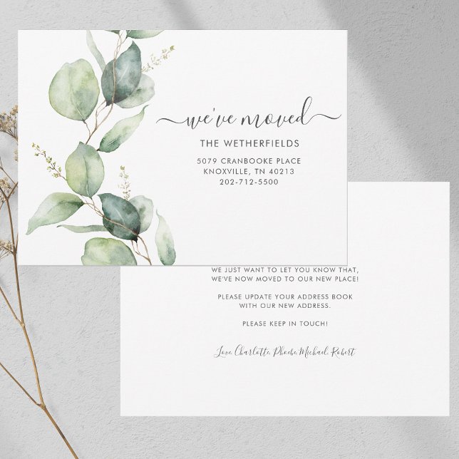 Vi har flyttat Watercolor Botanical Flytta Meddelande (Watercolor Eucalyptus Script Moving Announcement)