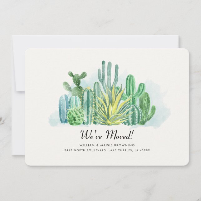 Vi har flyttat Watercolor Cacti Flytta Announement Meddelande (Framsida)