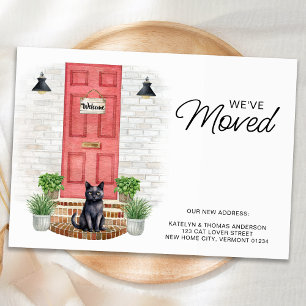 Vi har flyttat Watercolor Front Red Door Cat Flytt Meddelande