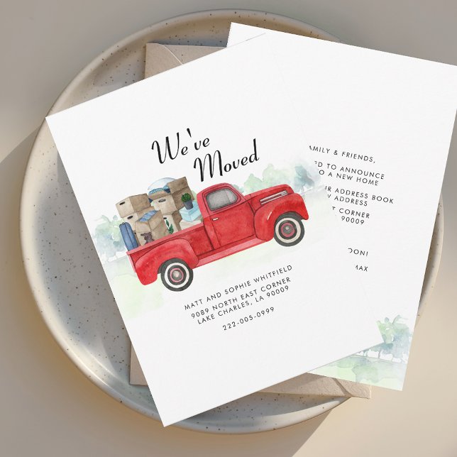 Vi har flyttat Watercolor Lastbil Flytta Meddeland Meddelande (We've Moved Change of Address Red Truck Watercolor Moving Announcement)