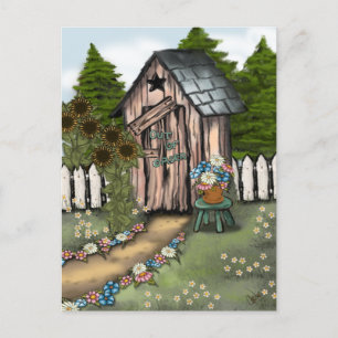 Vi har flyttat! Whimsical Outhouse Vykort
