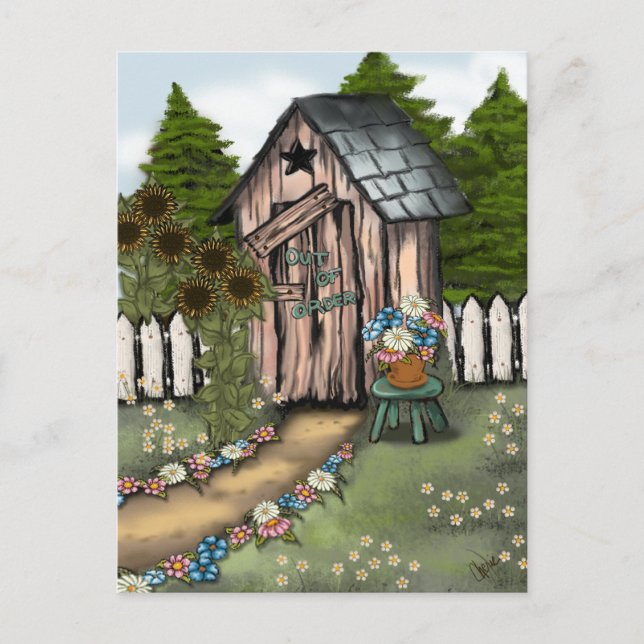 Vi har flyttat! Whimsical Outhouse Vykort (Framsida)