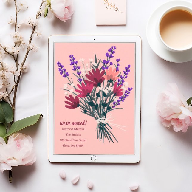 Vi har flyttat WildblomBouquet New Home Adress Inbjudningar (Sweet floral bouquet on this custom digital address announcement, send via email to save postage)