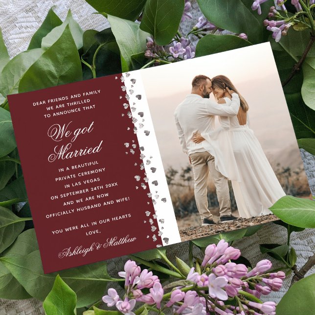 Vi Har Married Glitter Heart Photo Burgundy White Inbjudningar (Skapare uppladdad)
