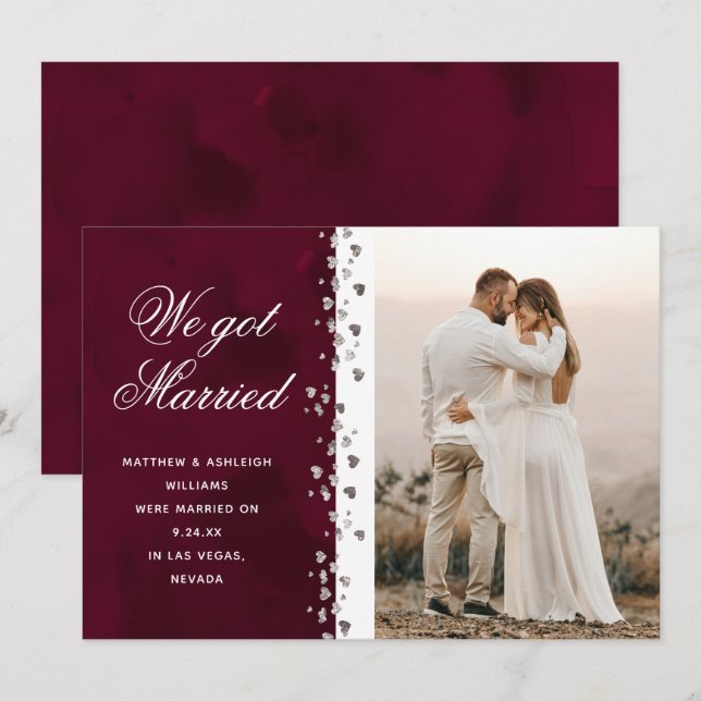 Vi Har Married Glitter Heart Photo Elopement Red Inbjudningar (Fram/baksida)