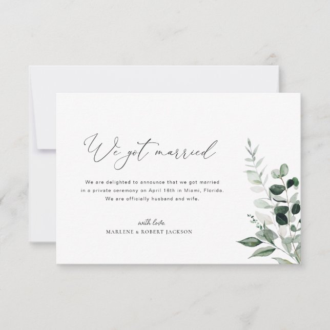 Vi Har Married Greenery bröllop-meddelande Tack Kort (Framsida)