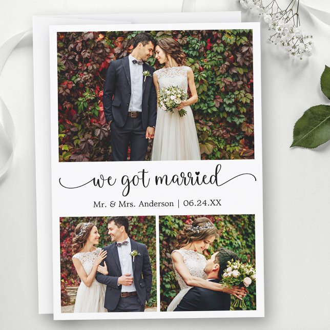 Vi Har Married Heart Calligraphy 3 Photo Bröllop Meddelande (Customize to change your personalized text size, text style or to add text to back of card.)