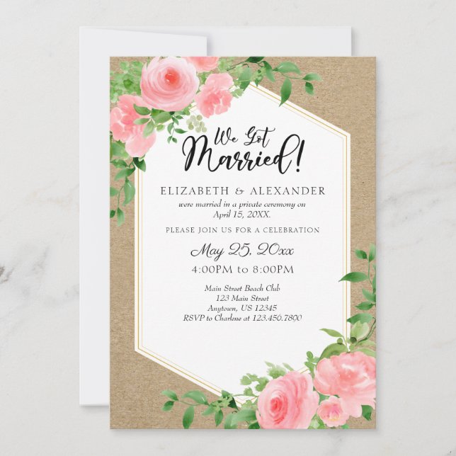 Vi Har Married Kraft Rosa Blommigt Bröllop Elopeme Inbjudningar (Framsida)