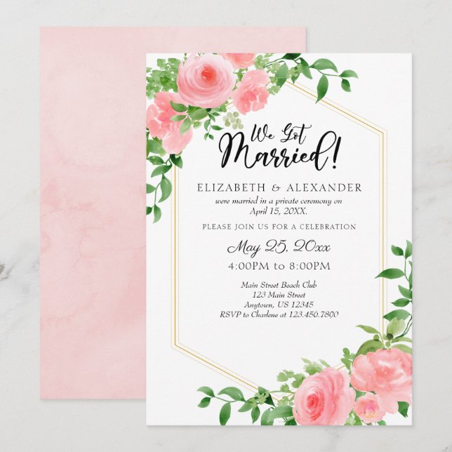 Vi Har Married Rosa Blommigt Bröllop Elopement Inbjudningar (Fram/baksida)