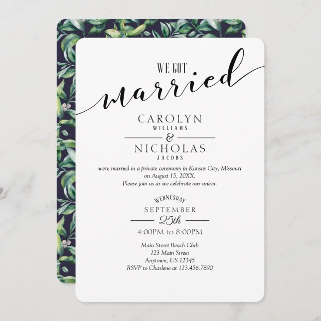 Vi Har Married Simple Greenery Bröllopsfest Inbjudningar (Fram/baksida)
