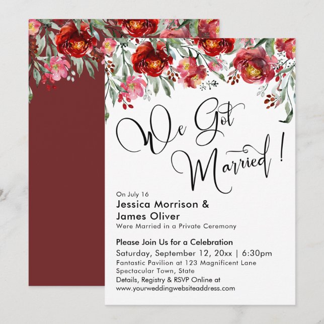Vi Har Married Typography Burgundy Red Flowers Inbjudningar (Fram/baksida)