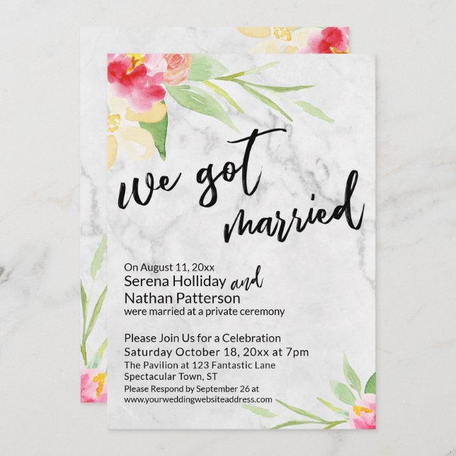 Vi Har Married Watercolor Flowers & Grått Marble Inbjudningar (Fram/baksida)