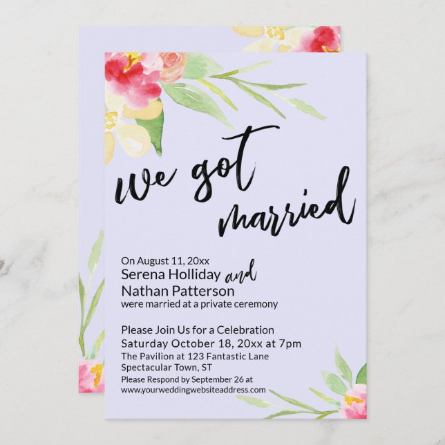 Vi Har Married Watercolor Flowers på Lavender Inbjudningar (Fram/baksida)