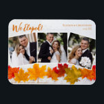 Vi har tagit fram ett foto för anmälan av Fall Löv Magnet<br><div class="desc">Den här vackra fotomagneten för Thanksgivingen i bröllop-annonsering har en elegant 3-fotokollage under orangen ord vi Elope. Den här söt hösten-fotografiet löv med trendig vitt trä bakom löven är ett magnetkort för helgdag av chic som kan användas för att dekorera dina nytagna fotografier. Ge tackar för ditt nya giftermål med...</div>