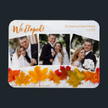 Vi har tagit fram ett foto för anmälan av Fall Löv Magnet<br><div class="desc">Den här vackra fotomagneten för Thanksgivingen i bröllop-annonsering har en elegant 3-fotokollage under orangen ord vi Elope. Den här söt hösten-fotografiet löv med trendig vitt trä bakom löven är ett magnetkort för helgdag av chic som kan användas för att dekorera dina nytagna fotografier. Ge tackar för ditt nya giftermål med...</div>