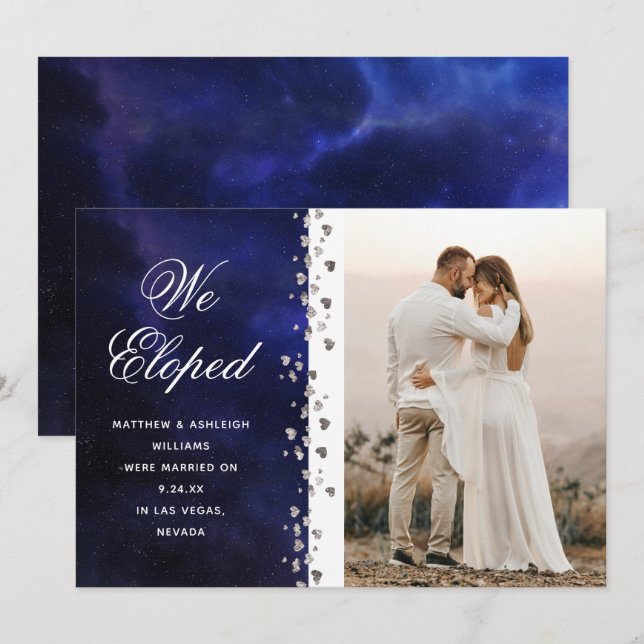 Vi har upphöjt Glitter Hearts Photo Elopement Spac Inbjudningar (Fram/baksida)