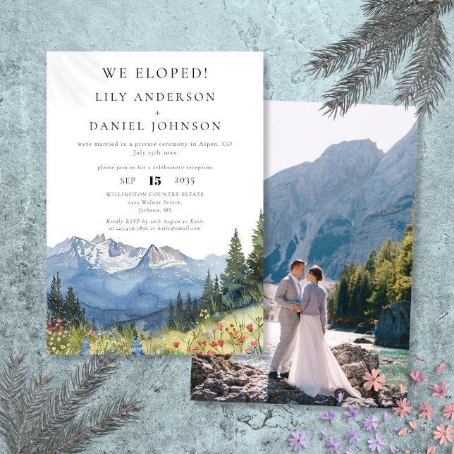 Vi har utvecklat foto för vattenfärgsberg i Elopem Inbjudningar (We Eloped Watercolor Mountain Elopement Photo Invitation)