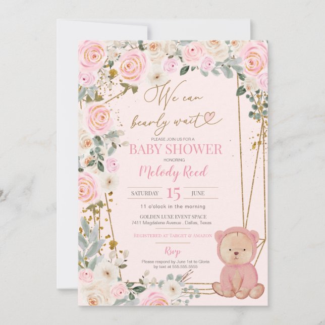 Vi kan avvakta Rosa Nalle Baby Shower Inv. Inbjudningar (Framsida)