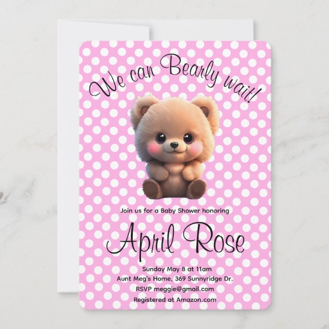 Vi kan Barly Wait Söt nalle rosa polkadots Inbjudningar (Framsida)