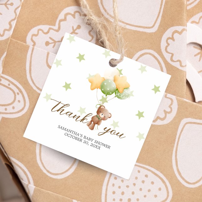 Vi kan bearly wait Balloon Baby Shower Square Gåvor Etiketter (Bear Balloon Baby Shower Square Favor Tags)