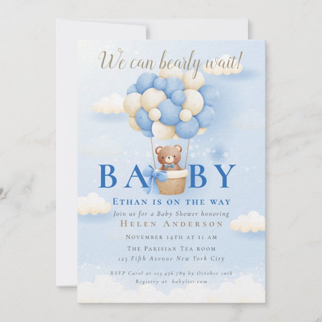 Vi kan bearly Wait Blue Nalle Baby Shower Inv. Inbjudningar (Framsida)
