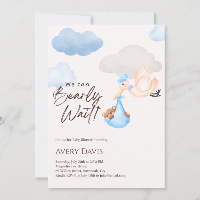 Vi kan bearly Wait Nalle Baby Shower BLUE Inbjudningar (Framsida)