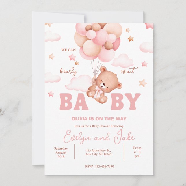 Vi kan bockvänta Rosa Nalle Baby Shower Inbjudningar (Framsida)