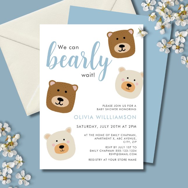 Vi kan boja babyskor. inbjudningar (We can bearly wait, cute teddy bear baby shower invitation with blue text for baby boy.)