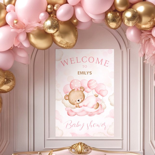 Vi kan boka in välkomstskylt för flickbabydusch poster (We Can Bearly Wait Girl Baby Shower Welcome Sign Poster)