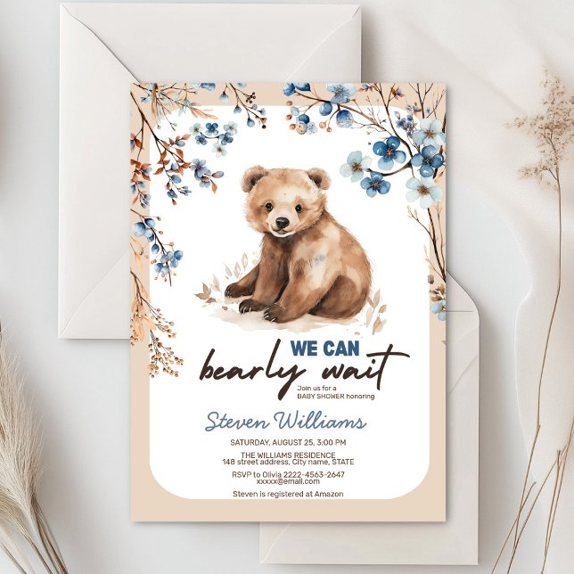 Vi kan bolla Baby Shower med blå blommigt Inbjudningar (Cute bear with rustic blue flowers baby shower invitation)