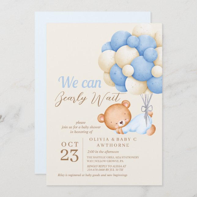 Vi kan bolla Bear Balloon Pojke Shower Inbjudningar (Fram/baksida)