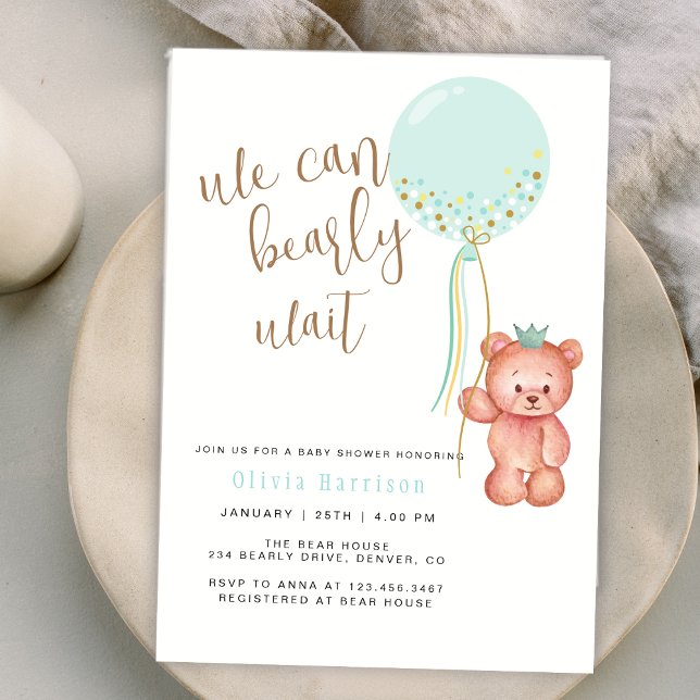 Vi kan bolla Grönt Ballon Bear Baby Shower Inbjudningar (We Can Bearly Wait Green Balloon Bear Baby Shower Invitation)